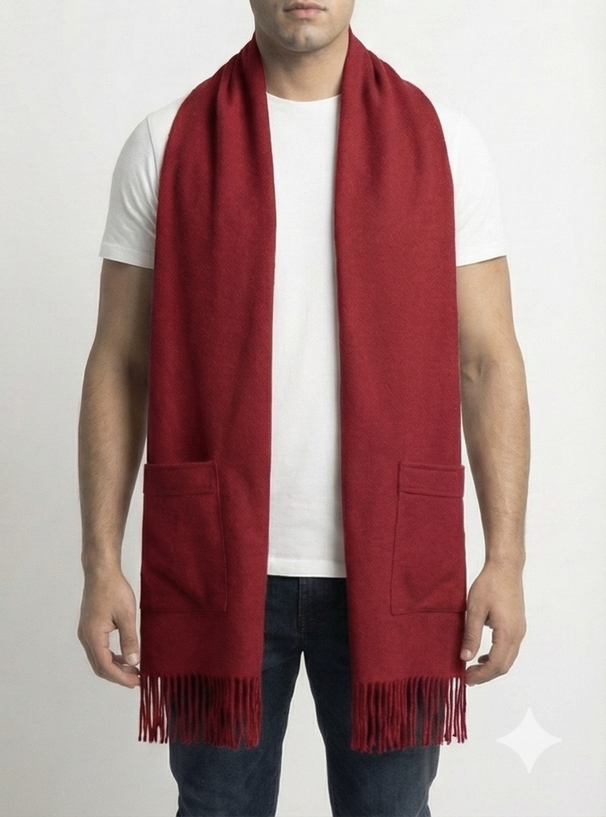 EloraTrends Premium Woolen Shawl / Muffler – Deep Ruby Red, Winter Essential Scarf for Men & Women