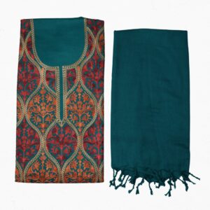EloraTrends Premium Woolen Unstitched Suit Fabric – Teal / Deep-Green Base with Kashmiri-Inspired Embroidery Pattern