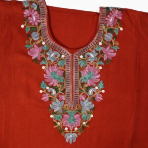 EloraTrends Women’s Woolen Kashmiri Kurti – Rich Red with Traditional Floral Embroidery | Winter-Ready Ethnic Wear