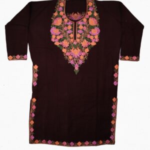 EloraTrends Woolen Kashmiri Kurti – Deep Maroon/Brown with Traditional Floral Embroidery | Winter-Ready Ethnic Wear