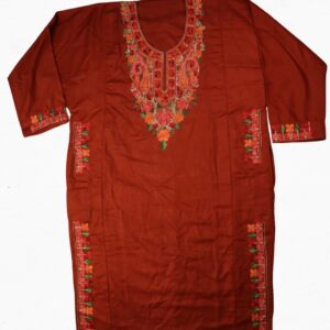 EloraTrends Woolen Kashmiri Kurti – Rich Rust-Orange with Kashida Floral Embroidery | Winter Ethnic Wear